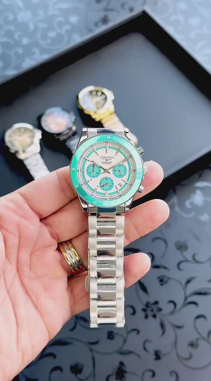 Longines Chronograph Silver Watch with White & Turquoise Dial T