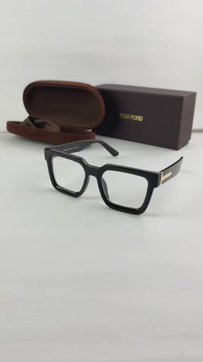 Tom Ford Black Square Eyeglasses Frame with Gold T-Temple Detail T