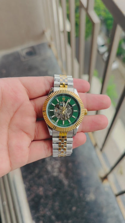 Men’s Green Skeleton Automatic Watch with Two-Tone Metal Bracelet T