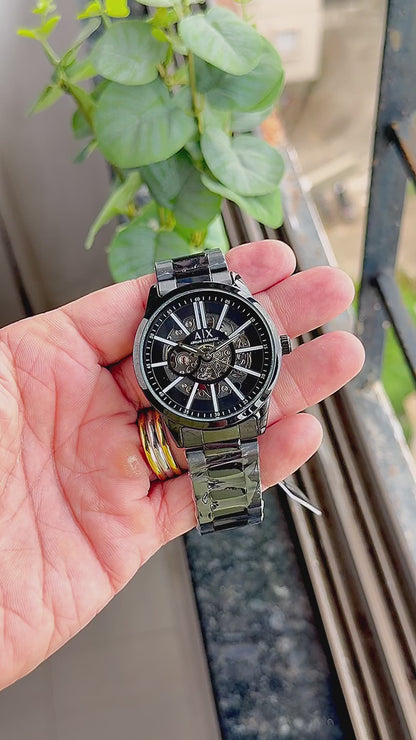Elegant Automatic Skeleton Watch for Men – Black Stainless Steel T