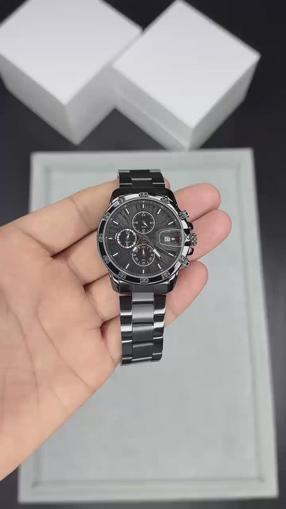 Classic Black Quartz Watch for Men with Multifunction Dial T
