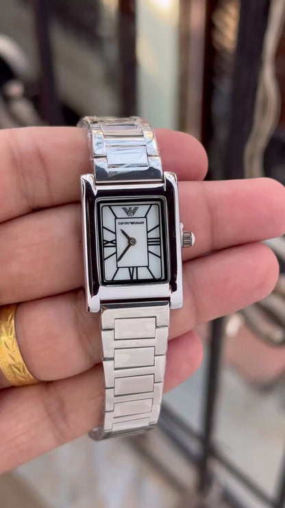 Emporio Armani Women’s Rectangular Silver Stainless Steel Watch – 24mm T