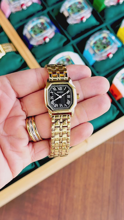 Premium Women's Octagonal Stainless Steel Watch – Black Roman Dial | Gold Bracelet T